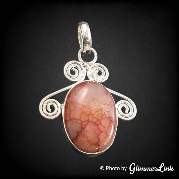 Red Orange Dragon Vein Oval Cabochon Scrollwork Silver Plated Pendant - Picture 4 of 8
